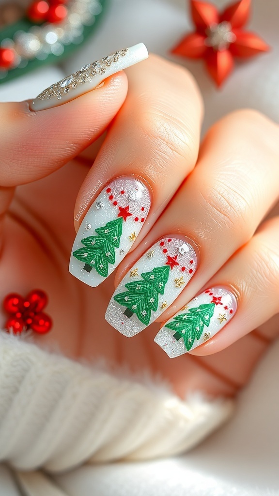 Japanese Christmas nail art with snowflakes and trees in festive colors.